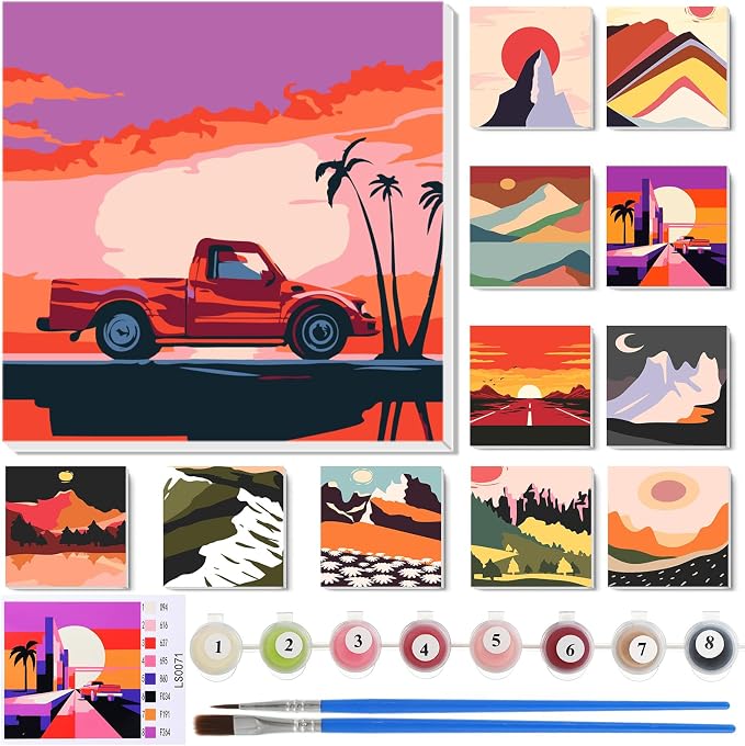Nezyo 12 Sets Paint by Numbers Kit with Frame, Acrylic Canvas 8x8in | Beginner Friendly DIY Sets for Painting Party Classroom Birthday Gifts, Includes Numbered Canvases Brushes Paints