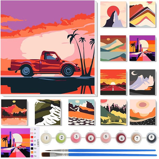 Nezyo 12 Sets Paint by Numbers Kit with Frame, Acrylic Canvas 8x8in | Beginner Friendly DIY Sets for Painting Party Classroom Birthday Gifts, Includes Numbered Canvases Brushes Paints