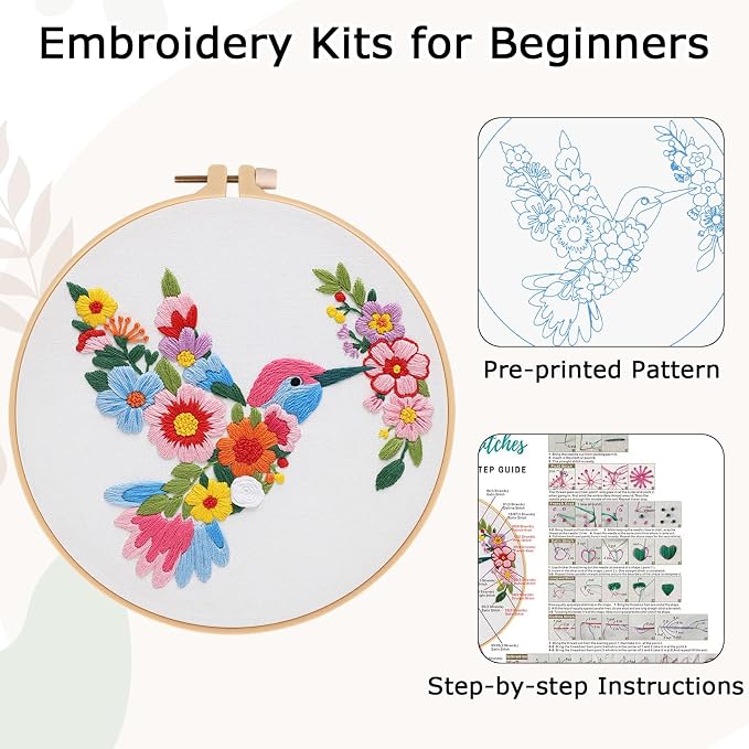 Nuberlic Embroidery Kit for Beginners with Bird and Flower Pattern | Adults Starter Cross Stitch Kit DIY Needlepoint with Hoop, Pre-Printed Fabric, Threads & Step-by-Step Guide