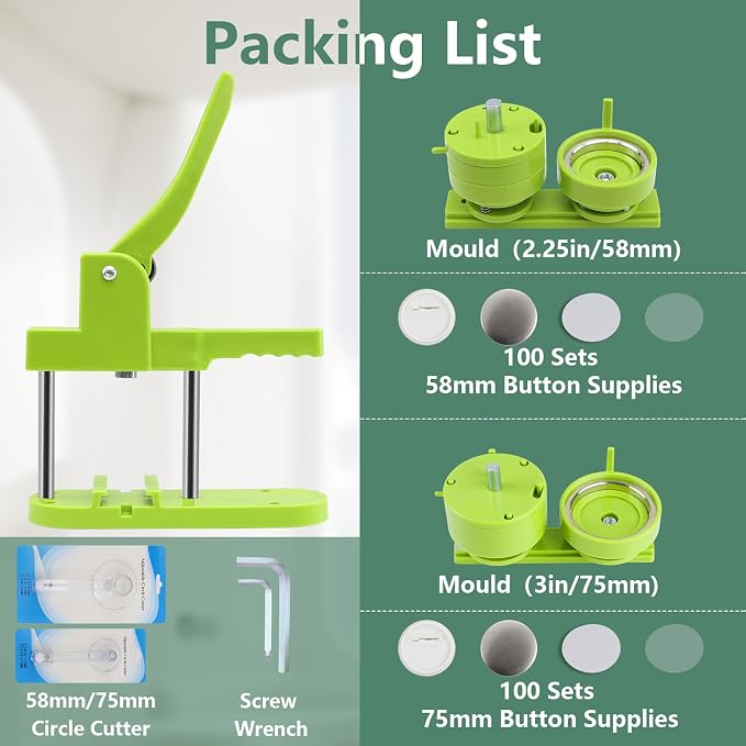 Happizza Button Maker Machine Multiple Sizes, Pin Maker Machine 2.25 inch+3 inch, Interchangeable Button-Models Badge Button Press Machine with 200 Sets 58mm+75mm Button Maker Supplies&Circle Cutter