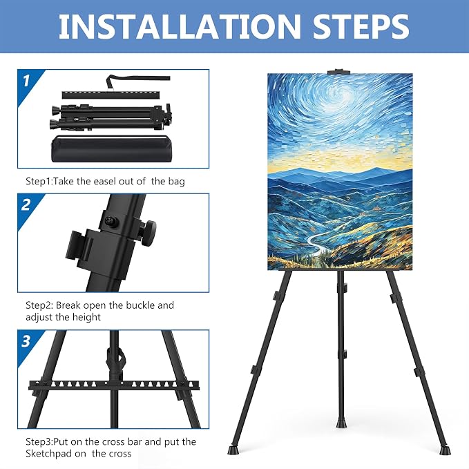 Art Painting Display Easel Stands - Portable Adjustable Floor Artist Easels | Aluminum Metal Tripod Black Stands with Bags, Sturdy for Table-Top/Floor Painting, Drawing, Displaying - Black 4 pack
