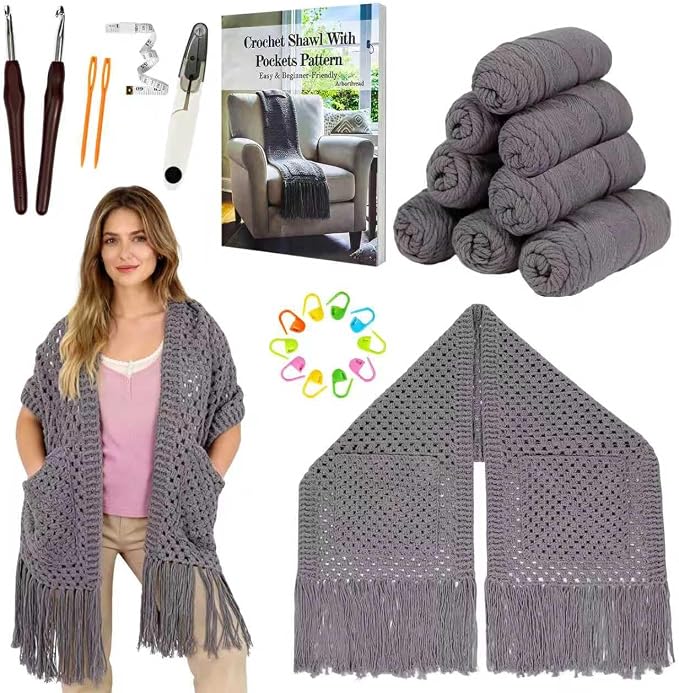 Arborthread Crochet Kit for Beginners, Easy All-Season Pocket Shawl & Scarf Crochet Kit for Adults w/Ample Premium Yarn to Fit Different Sizes, Step-by-Step Video & Instructions, Grey