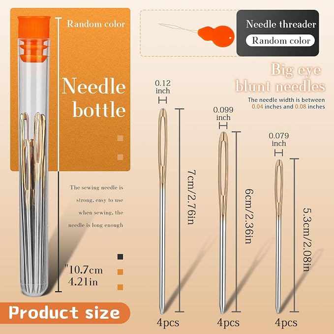 TLKKUE 12 Pcs/3 Sizes Large-Eye Blunt Needles, Steel Yarn Needle Gold | Tapestry Needle with Needle Threader for Sewing Crochet Knitting Embroidery (Gold 2.08in/2.36in/2.76in)