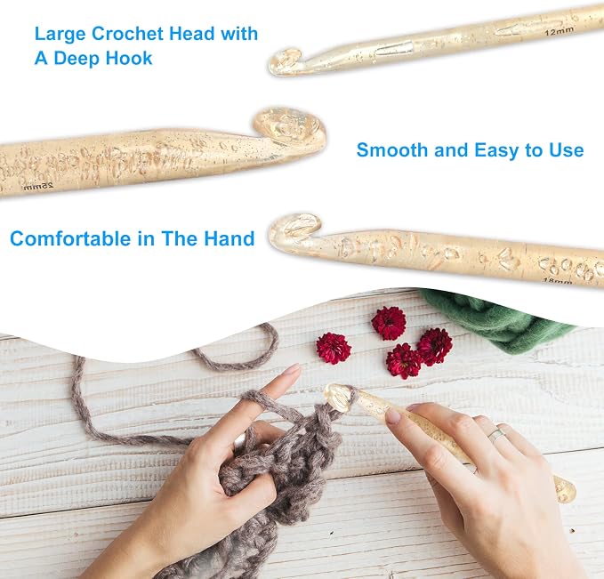 Vodiye 5 Sizes Large Crochet Hooks 12mm-25mm, Ergonomic Crochet Hook Set, Transparent Hooks for Chunky Yarn and DIY Crafts