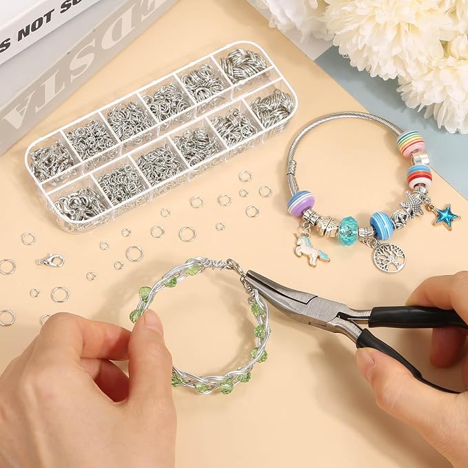 Anezus 1200PCS Jump Rings for Jewelry Making Kit, Jump Rings and Necklace Clasps with Jump Ring Pliers Tools for Jewelry Making Supplies and Necklace Repair (Silver)