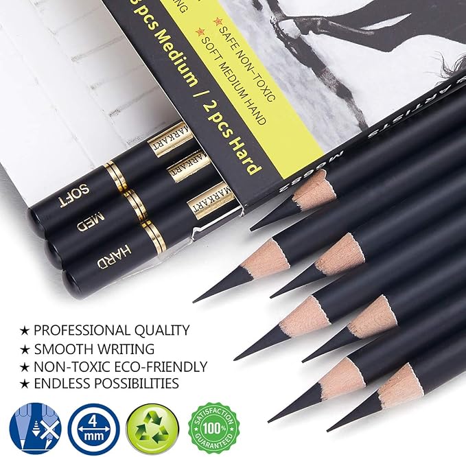 MARKART Professional Charcoal Pencils Drawing Set, 10 Pcs Soft Medium Hard | Charcoal Pencils for Drawing, Sketching, Shading, Artist Pencils for Beginners & Pro Artists