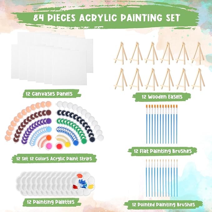 Qilery 12 Set Canvas Painting Kit, Mini Canvas with Wooden Easels Acrylic Paints Strips, Brushes, Palette, Art Set for Acrylic Oil Watercolor Adults Birthday Party Favors(8 x 8 Inch)