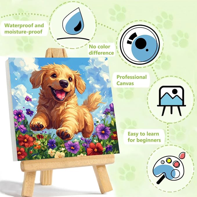 Dog Paint by Numbers Kit for Kids with Frame - Cute Dog Paint by Number for Kids, Kid Painting by Number Kits Age 8-12 for Home Wall Decor 8X8inch (with Wooden Easel)