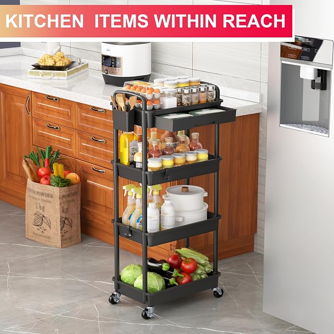 Goovilla 4 Tier Rolling Utility Cart Organizer with Removable Drawer, Black | Stable and Sturdy Rolling Storage Carts with 2 Lockable Wheels for Bathroom, Kitchen, Snack, Craft, Makeup, Baby Essentials