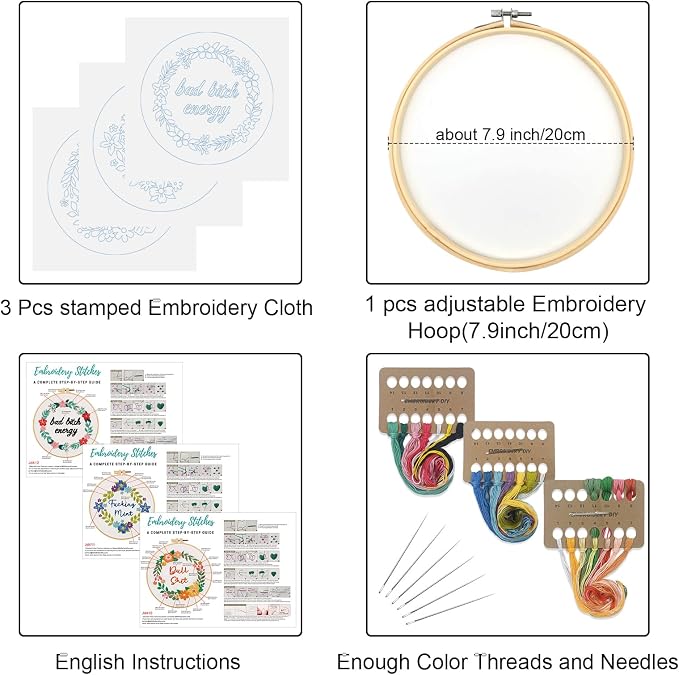 Louise Maelys 3 Pack Funny Quote Embroidery Kit for Beginners Floral | Cross Stitch Kits Include Pre-Printed Fabric, Embroidery Hoop, Threads, Needles and Guide. Needlepoint Kit for Beginners
