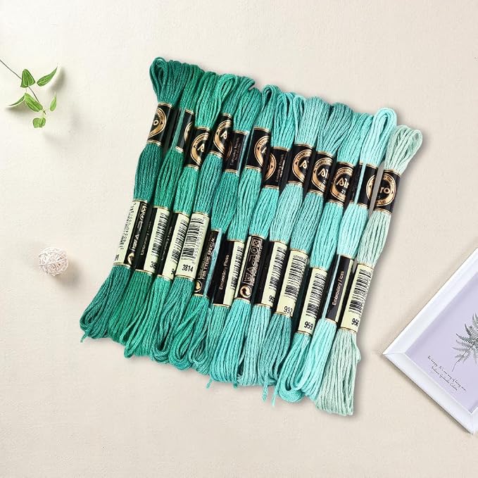 12 Skeins 6 Strands Green Cross Stitch Thread Variegated Gradient Embroidery Floss Polyester Friendship Bracelet String Yarn Threads Bulk for Hand Sewing Bracelets Needlecraft DIY Stitching