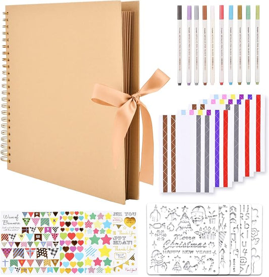 GOTIDEAL 12 x 12 Inch Scrapbook Album with 10 Metallic Markers, Yellow | 80 Pages Craft Paper Photo Album for Wedding and Anniversary, Family DIY Photo Album with Scrapbooking Stickers Corners