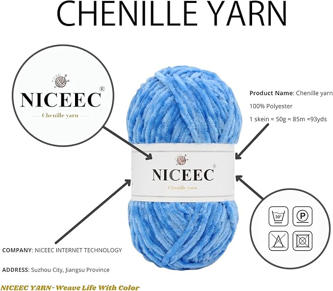 NICEEC 3 Skeins Soft Chenille Yarn 3 x85m (3X 93yds, 3X 50g)_Blue