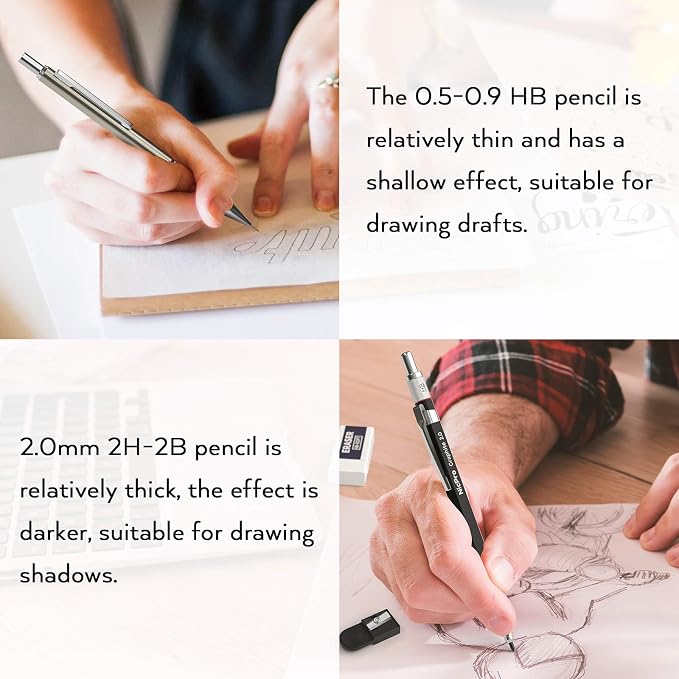 Nicpro 6PCS Art Mechanical Pencil Set | 3PCS Metal Drafting Pencil 0.5 mm & 0.7 mm & 0.9 mm & 3PCS 2mm Graphite Lead Holder (2B HB 2H) For Writing, Sketching Drawing