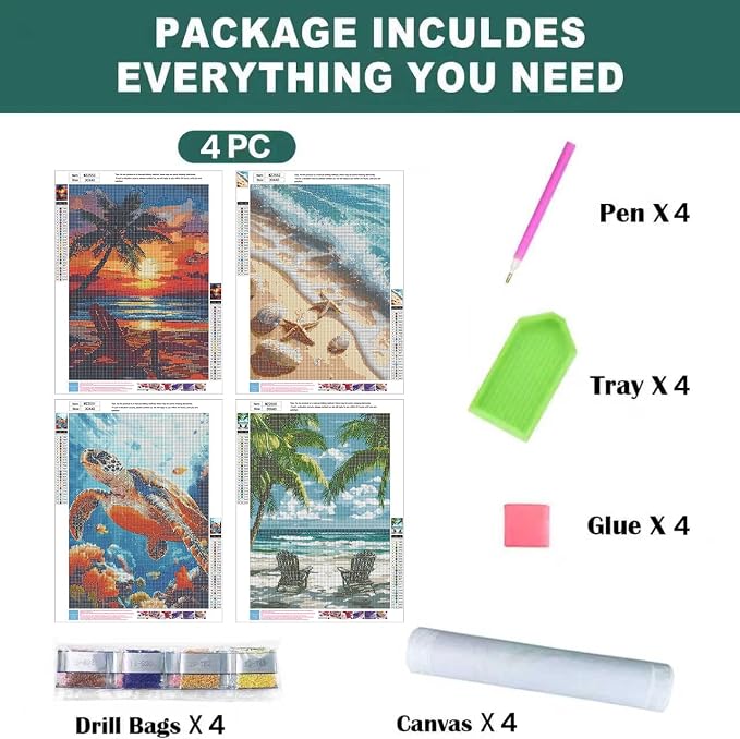 4 Pack Diamond Art Kits for Adults, Beach Diamond Painting Kits 12x16 Inch
