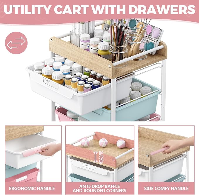 SYKIARIOL Rolling Craft Storage Cart with 4 Drawers,Kid Craft Cart,Colorful | Utility Cart with Drawers,Art Craft Organizers and Storage,Kids Art Cart With DIY Lable and Wooden Tabletop Area