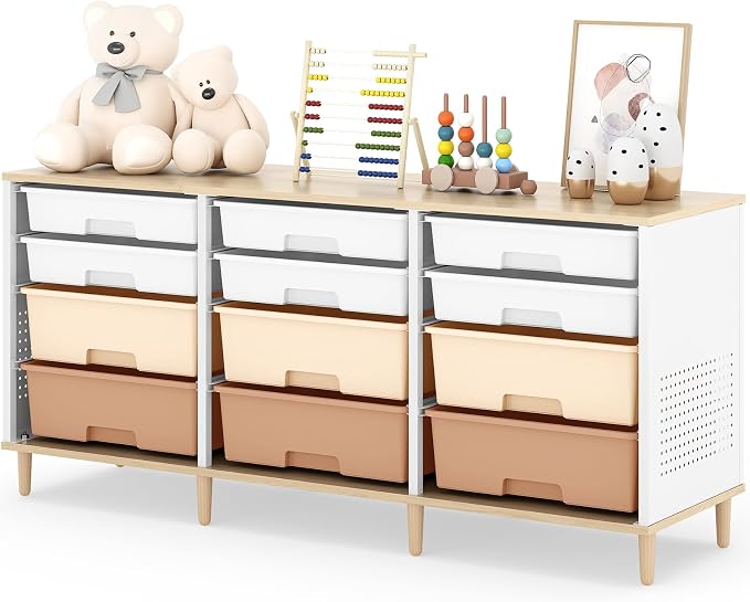 TOOLF 12 Drawers Storage Cabinet with Wooden Top and Plastic Bins,Brown | Toy Shelf Storage Chest Cubby Organizer, for Home, Office, Playroom, Classroom & Craft Room