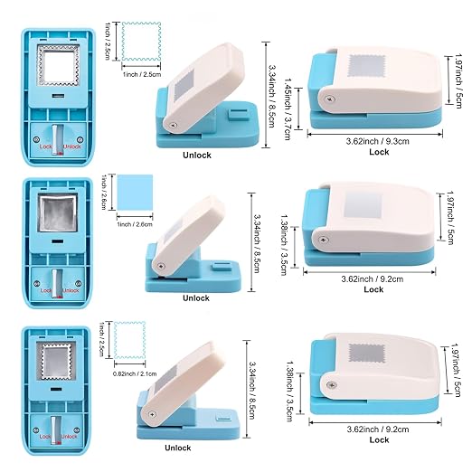 BAOFALI 3Pcs Stamp Puncher, 1X0.8inch &1inch Stamp Punch1 Inch Square Punch, Scalloped Rectangle Lever Action Paper Punches for Crafting Scrapbooking DIY Scrapbooking Journaling Card Making