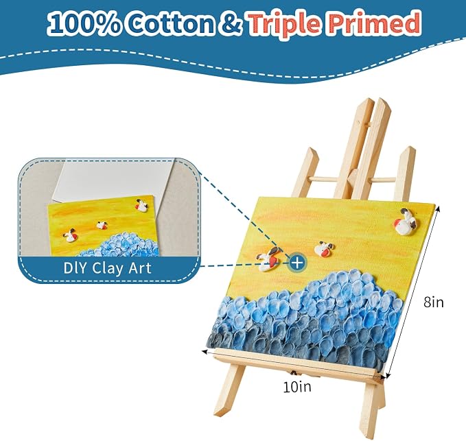 DIY Canvas Painting Kit with Clay, 3 Blank 8x10 Inch Canvas Panels, 5 Packs of Clay, 8 Vibrant Acrylic Paint Colors, and 3 Brushes, Creative Art Kit for DIY Projects & Crafting Fun