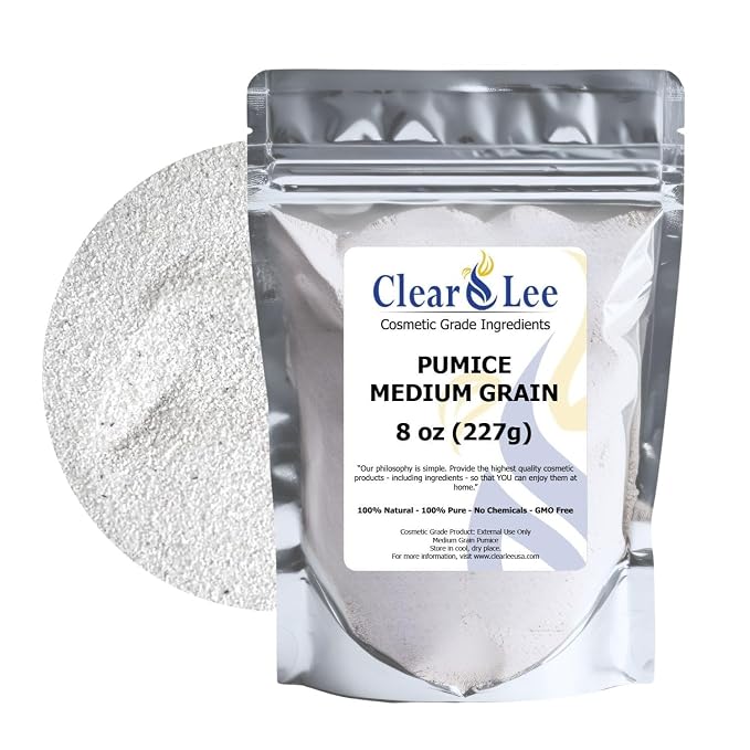 ClearLee Cosmetic Grade Pumice - 100% Pure Natural Grain/Powder - Great For Skin Exfoliation in DIY Soaps, Masks, Scrubs for Face, Body, Foot (8oz, Medium Grain)
