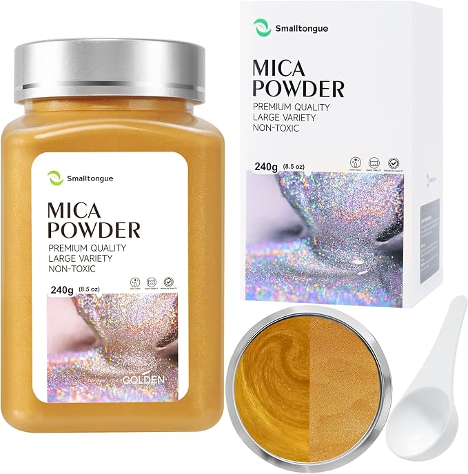 Mica Powder, Golden, 240g with Scoop, Complies with ASTM D-4236 | For Epoxy Resin, Soap, Bath Bomb, Candle| Safety Material| Odorless| Brilliant Colors