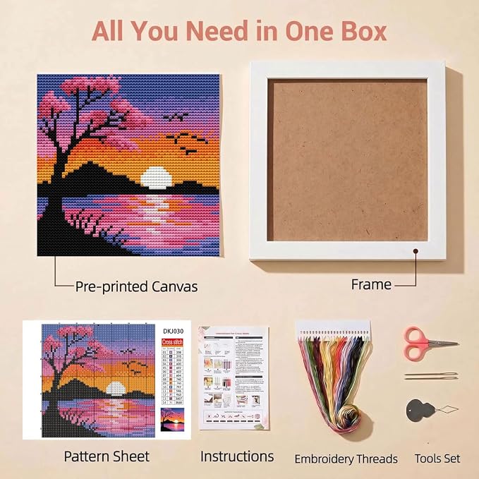 Sunset Landscape Stamped Cross Stitch Kits for Beginners Adults with Framed | Cherry Blossom Needlepoint Counted Cross Stitch Kits for Beginners Adults Embroidery Kits Arts and Crafts 6 x 6 inch