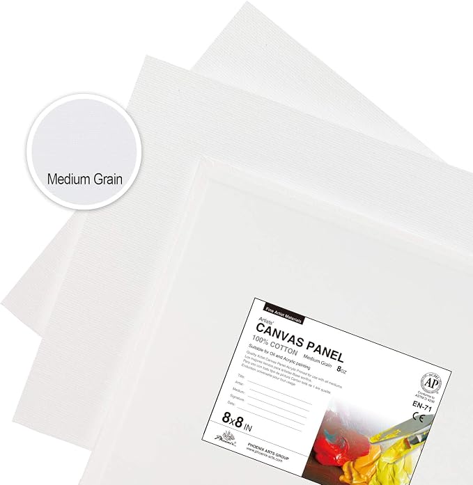 PHOENIX Painting Canvas Panels 8x8 Inch, 12 Value Pack - 8 Oz Triple Primed 100% Cotton Acid Free Square Canvas Boards for Painting, White Blank Flat Canvas Boards for Acrylic, Oil Paints