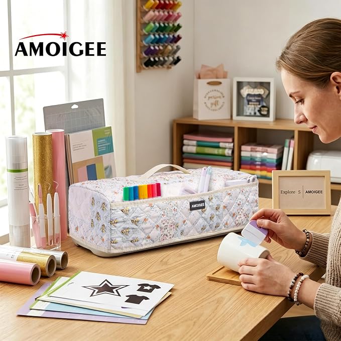 AMOIGEE Dust Cover for Latest Cutting Machine Cricuttt Explore 5, Quilted Protective Cover with Storage Pockets for Cutting Machine, Floral Fabric Anti-Dust Cover for Craft Machine Organizer