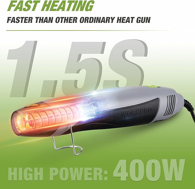 WORKPRO 400W Mini Heat Gun with Reflector Nozzle and 2 Temp Settings | 482℉/842℉ Dual Temperature Settings, 5.9ft Cable, Overload Protection, Ideal for Crafts, PVC Shrink Wrapping and Embossing