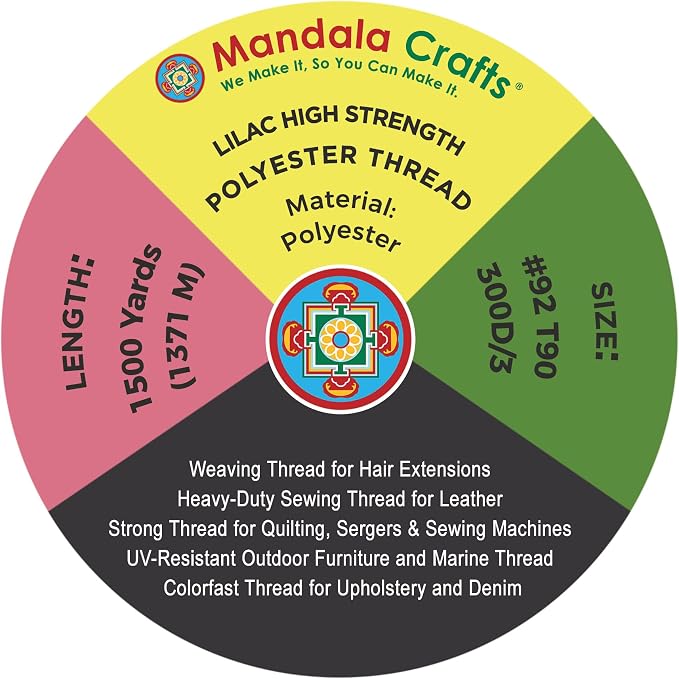 Mandala Crafts Lilac Tex 90 Polyester Heavy Duty Thread for Upholstery | 1500 Yds T90 UV Resistant Strong Thread for Leather Sewing, Marine, Drapery, Jeans, Hair Weaving & Extension, Outdoor