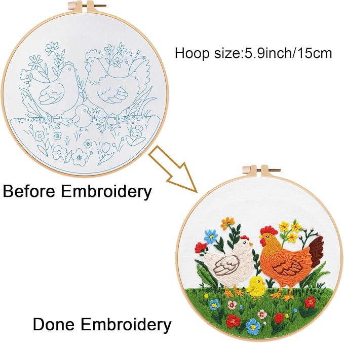 Louise Maelys Chicken Embroidery Kit for Beginners Farmhouse DIY | Cross Stitch Kits Include Pre-Printed Fabric, Embroidery Hoop, Threads, Needles and Guide. Needlepoint Kit for Beginners