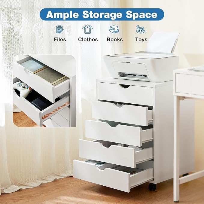 OLIXIS 5 Drawer File Cabinet on Wheels, Printer Stand