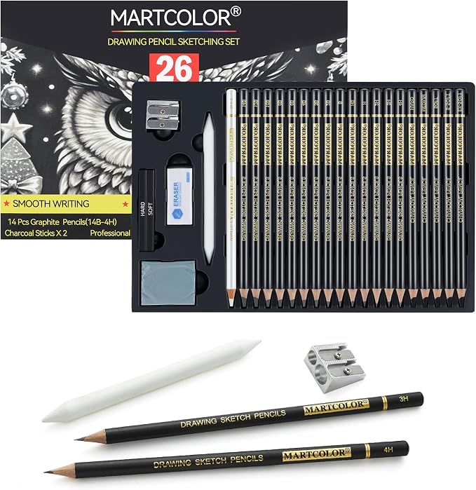 MARTCOLOR 26 Pcs Drawing Sketching Pencil Set, Graphite Pencils (14B-4H) | Charcoal Pencils, Charcoal Sticks, Blending Stump, Eraser, Sharpeners, Artist Pencils for Beginners & Pro Artists