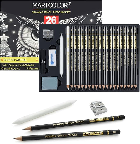 MARTCOLOR 26 Pcs Drawing Sketching Pencil Set, Graphite Pencils (14B-4H) | Charcoal Pencils, Charcoal Sticks, Blending Stump, Eraser, Sharpeners, Artist Pencils for Beginners & Pro Artists