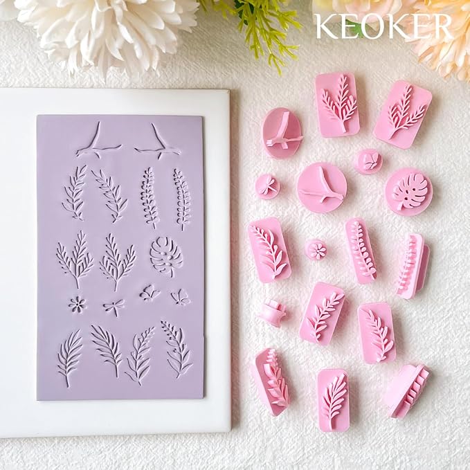 KEOKER Plant Clay Stamps - 17 Shapes Mirrored Cutter Stamps, Spring Polymer Clay Earring Tool
