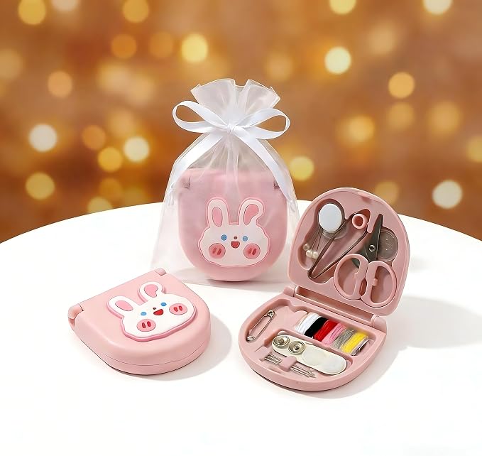 2 Pack Mini Travel Sewing Kit, Portable Emergency Sewing Box with Scissors, Needles, Threads, Compact Clothing Repair Set for Travel, Purse, Office, College Dorm (3D Bunny Pink)