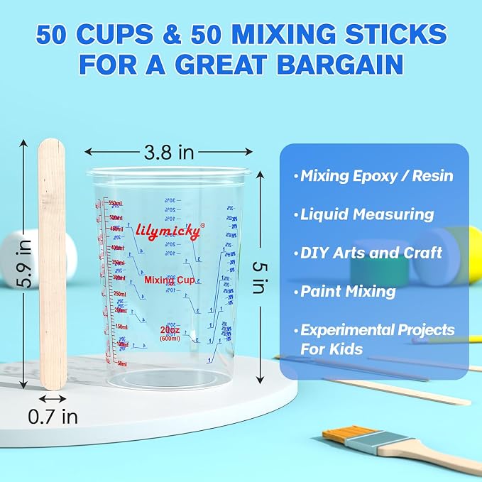 50 Pack Plastic Mixing Cups, 20 oz Measuring Cups with 50 Mixing Sticks