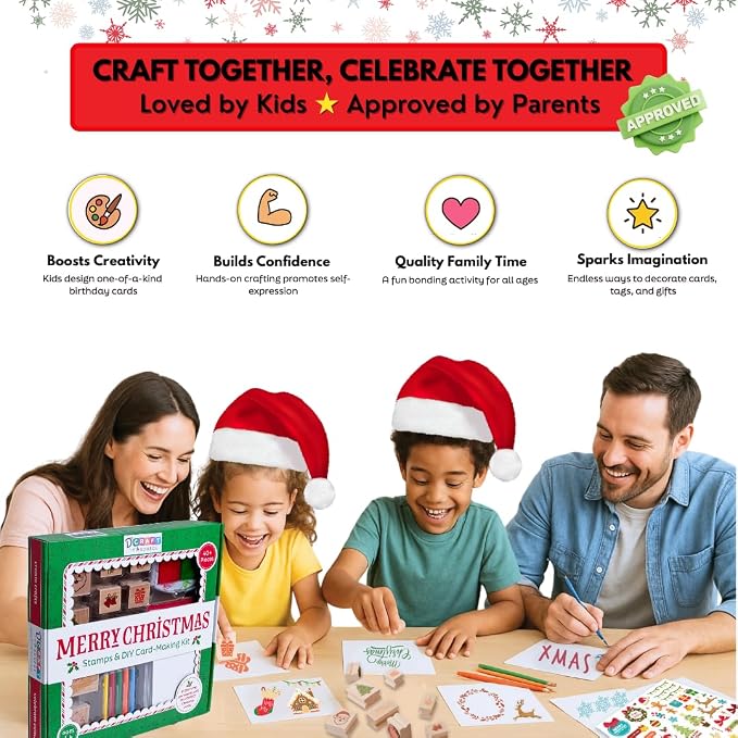 48 Piece Merry Christmas Craft Kit Wooden Stamp Set with Ink Pads Colored Pencils Stickers Cards Envelopes DIY Holiday Card Making Set for Kids Adults Classrooms Festive Family Fun
