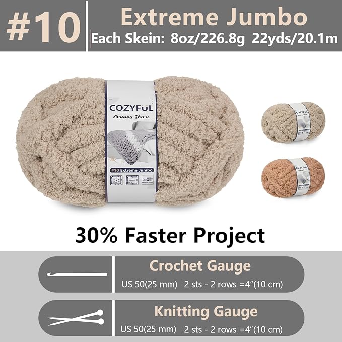 Cozyful Chunky Yarn for Hand Knitting - #10 Chunky Chenille Yarn, Jumbo Big Thick Chunky Yarns for Crocheting, Super Bulky Chunky Knit Blanket Yarns, 8 Skein (22yd, 8oz/Skein), Khaki & Coffee