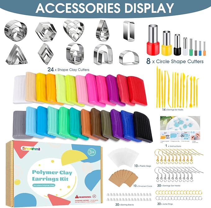 Clay Earring Making kit,32 Cutters,24 Clay,30 Hooks&Rings,Gift Box for Teen