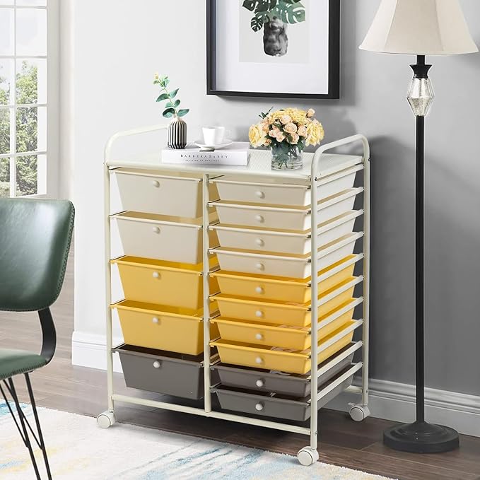 LDAILY 15 Drawer Rolling Storage Cart, Rolling Cart with Drawers for Classroom, Art Supply Craft Organizer on Wheel with Metal Frame & Handles for Home Office School