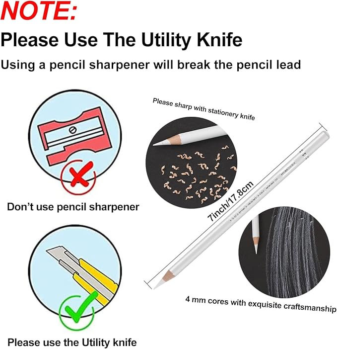 GETHPEN White Charcoal Pencils Set, Sketch High-light Pencils, 6 Pieces | White Charcoal Sketch Pencils, White Chalk Pencils for Drawing, Sketching, Shading, Blending, Beginners & Artists