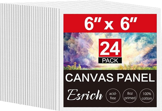 ESRICH 6x6 Canvas for Painting, 24 Pack Canvas Boards Cotton Painting Canvas Primed Acid Free Small Blank Canvases Panels for Oil Paint, Watercolor, Acrylic Paint, Gouache, Tempera.