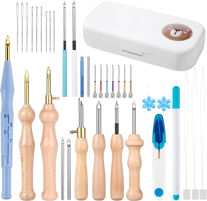 37Pcs Punch Needle Kit, Punch Needle Tools Set with Storage Case(White)