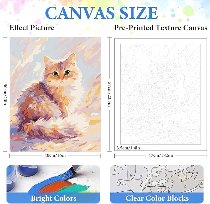 ZRIZQ Paint by Numbers Kit for Adults Beginner Animal,Cat,16x20 | Full set with wooden brushes,rolled canvas,rich paints.Calming activity.Beginner friendly.Just open and paint.