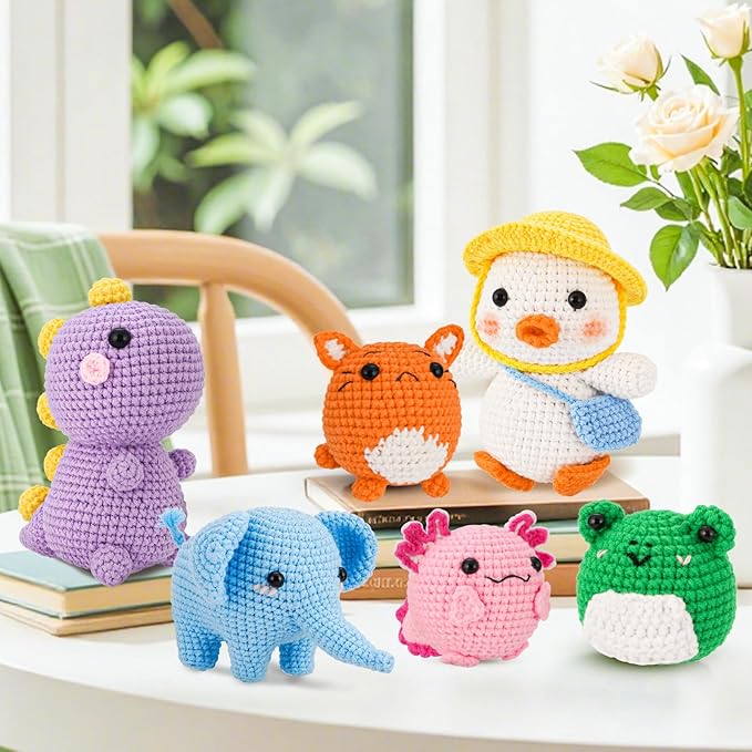 Gerute 6Pcs Crochet Kit for Beginners,Crochet Animal Kit with Step-by-Step Video Tutorial, Crocheting Kit for Starters, Beginner Crochet Kits for Adult Kid Women Men Complete Kit Included （40%+ Yarn