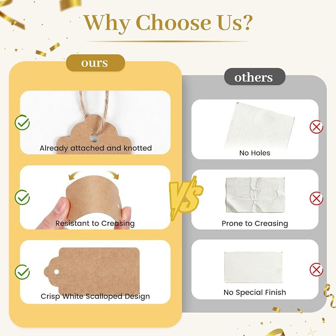 SallyFashion Large Kraft Gift Tags with String, 100 Pack 2 X 4 inch | Scalloped Edge, Natural Jute String, Pre-Punched Design, Retail Tags and DIY Bookmarks