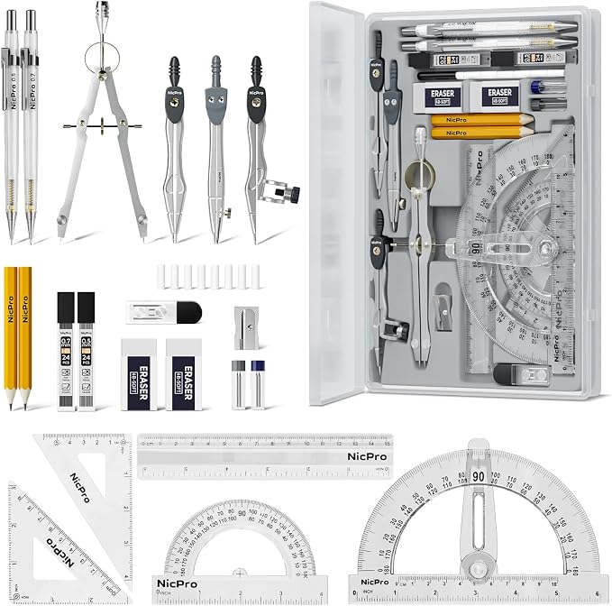 Nicpro 22 PCS Compass Geometry Tools with Case, Drafting Tool Geometry Set | With Swing Arm Protractor, Rulers, Metal Compass, Square Set, Mechanical Pencil, Back to School Supplies for Students