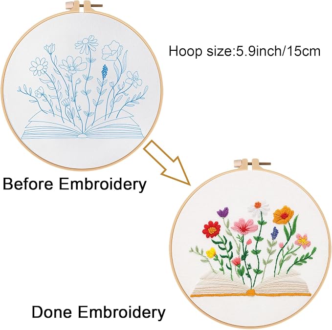 Louise Maelys Book & Flowers Embroidery Kit for Beginners Decor Craft Gift | Needlepoint Kit with Pre-Printed Fabric, Hoop, Needles, Color Threads & Detailed Guide, DIY Cross Stitch Kits for Women