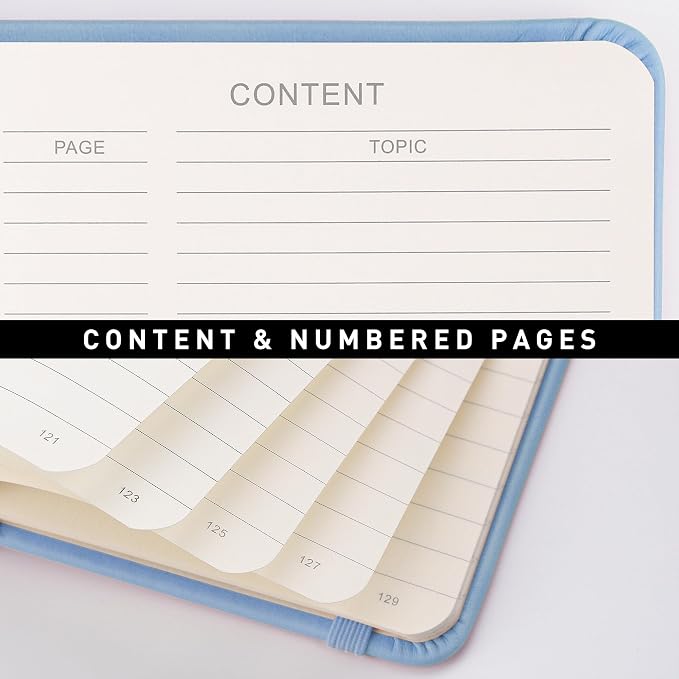 RETTACY Lined Journal Notebook, 192 Numbered Pages, A5 Size (5.7'' x 8.3'') | Leather Hardcover, 100 GSM Thick Paper, for Men & Women, Journaling, Writing, Work & Office (Light Blue)